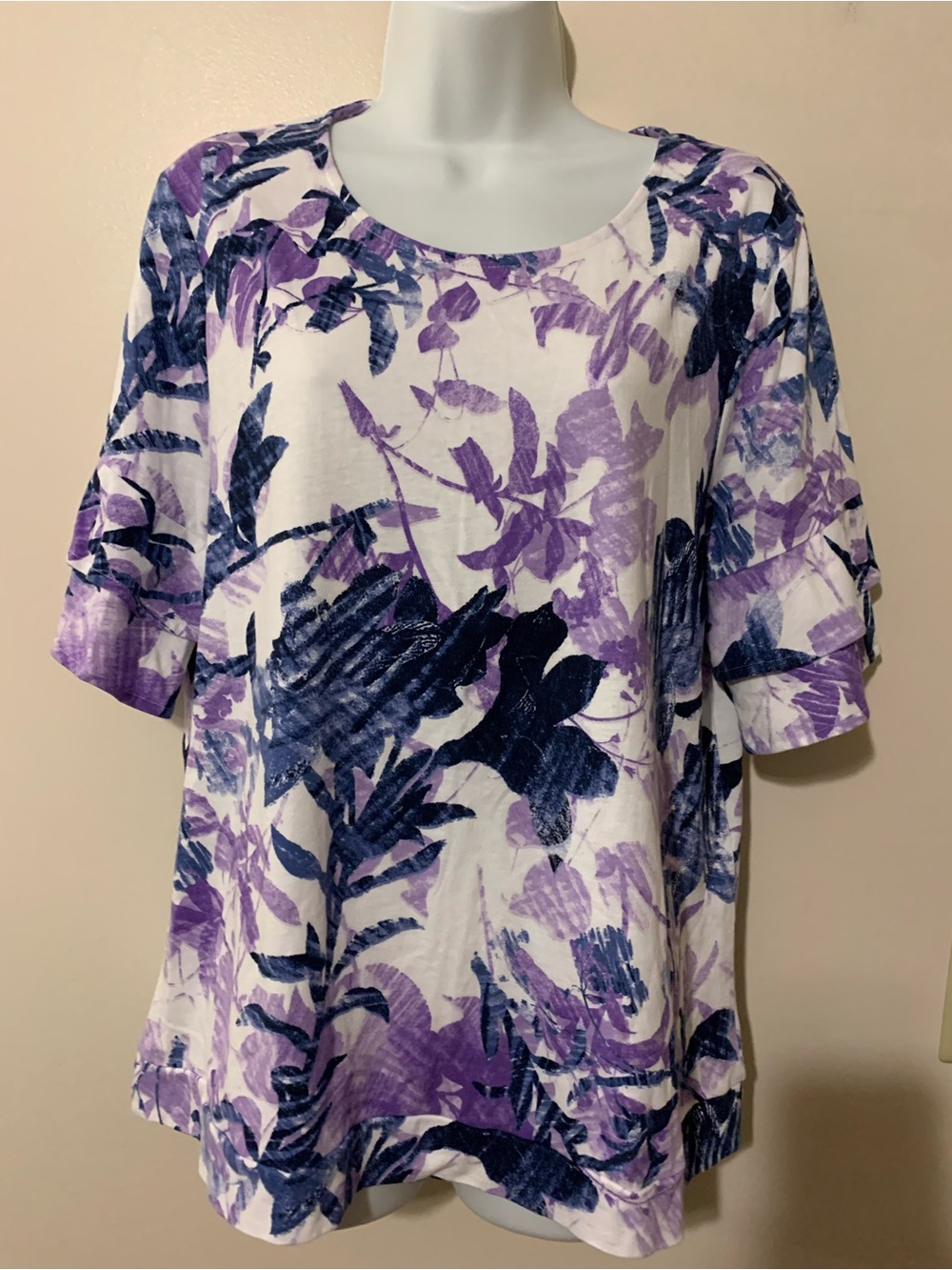 Chico's White Scoop Neck Blouse with Purple & Navy Floral Print